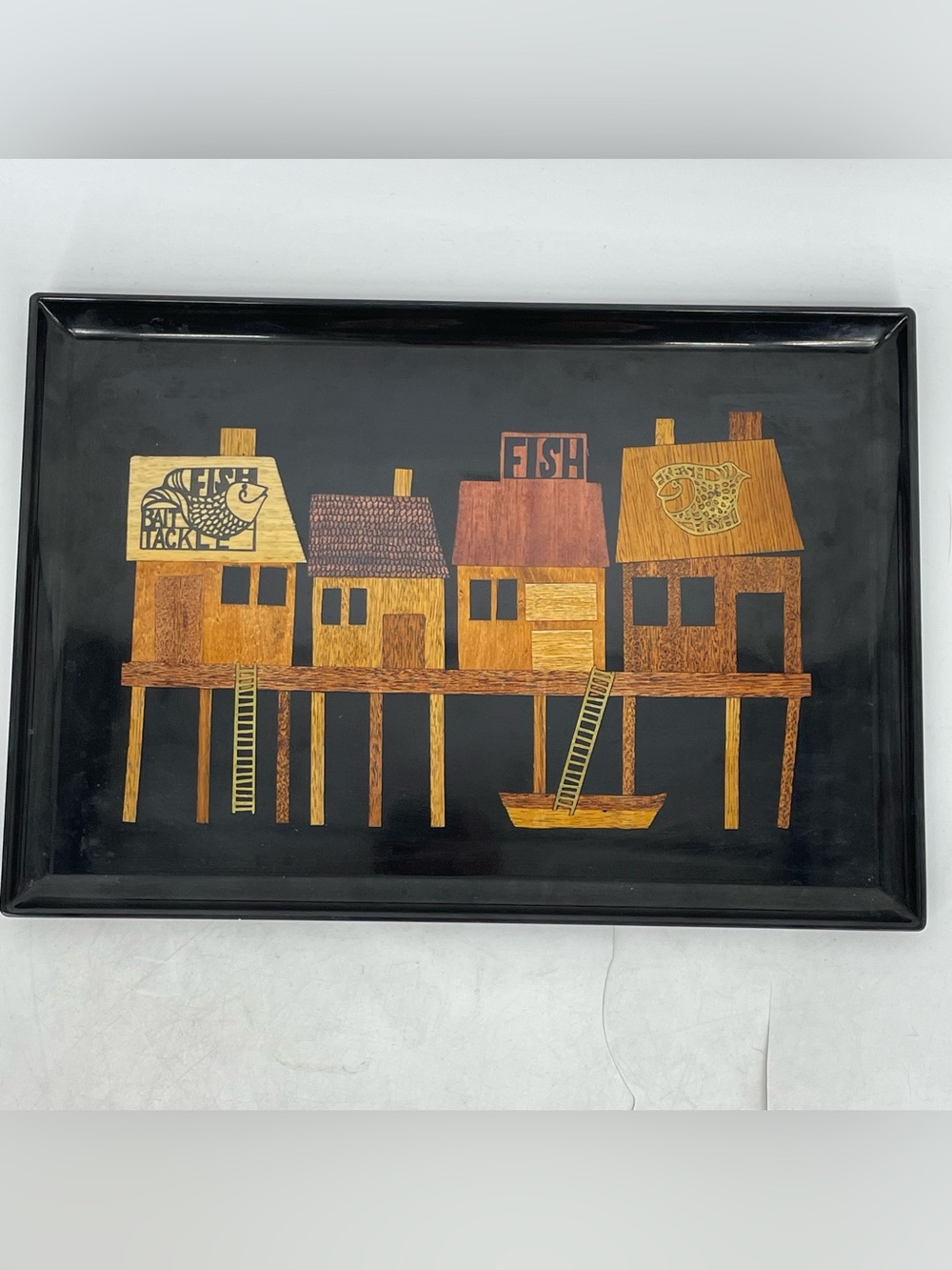 Vintage Large Couroc Of Monterey Wood & Brass Inlaid Cannery Row Serving Tray